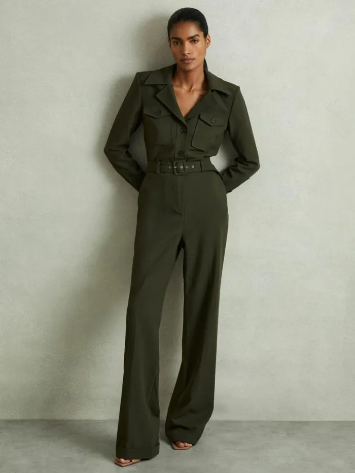 REISS Petite Women Belted Utility Jumpsuit Dark Green
