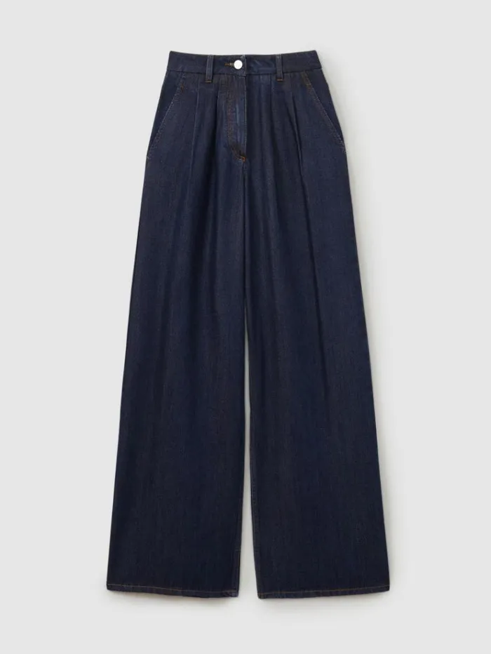 REISS Petite Women Double Pleat Wide Leg Jeans Indigo