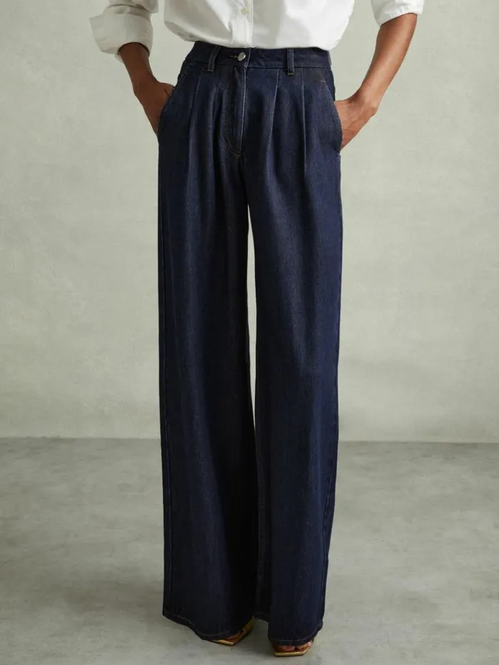REISS Petite Women Double Pleat Wide Leg Jeans Indigo
