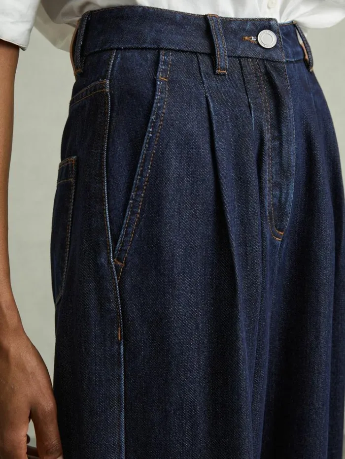 REISS Petite Women Double Pleat Wide Leg Jeans Indigo