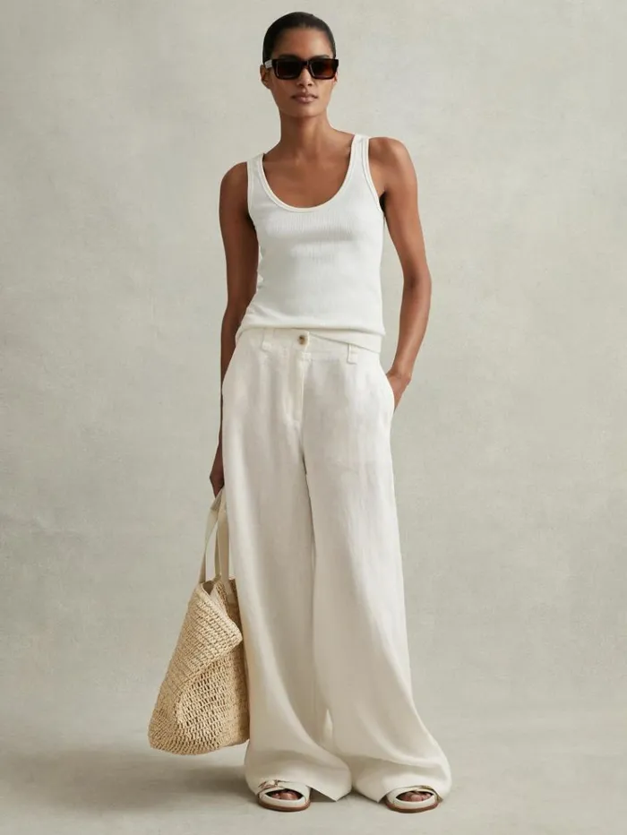 REISS Petite Women Linen Wide Leg Garment Dyed Trousers White