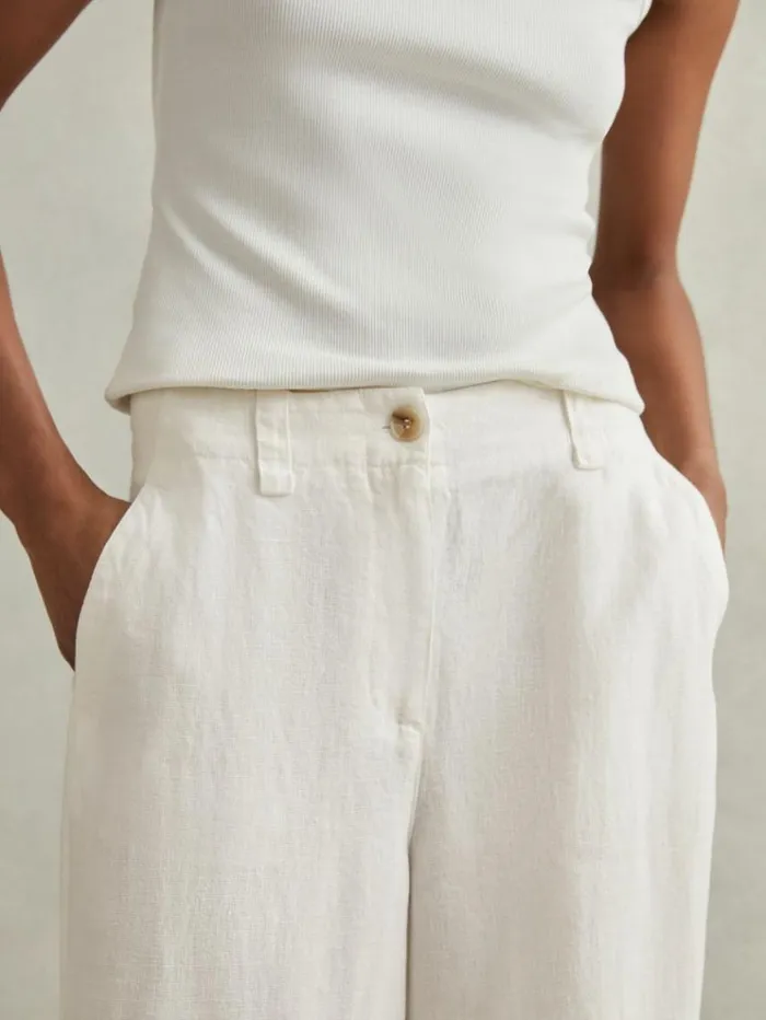 REISS Petite Women Linen Wide Leg Garment Dyed Trousers White