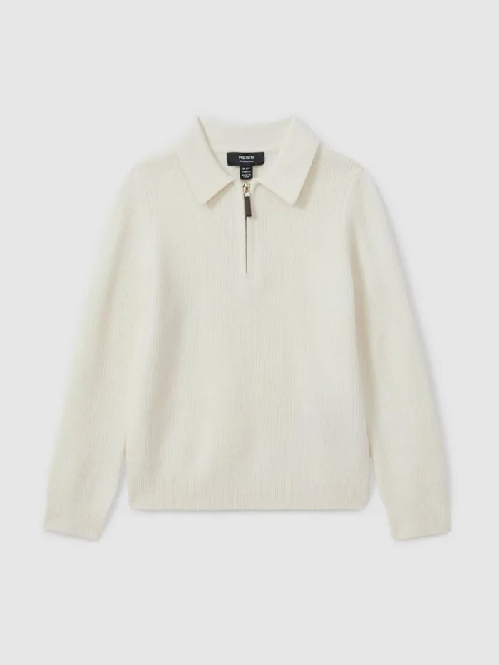 REISS Polo Shirts Children Merino Wool HalfZip Polo Shirt Off White