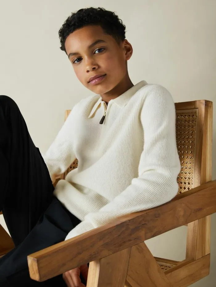 REISS Polo Shirts Children Merino Wool HalfZip Polo Shirt Off White