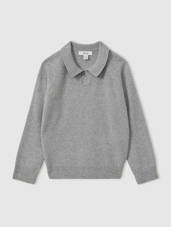 REISS Polo Shirts Children WoolCashmere Open Collar Polo Shirt Grey Melange