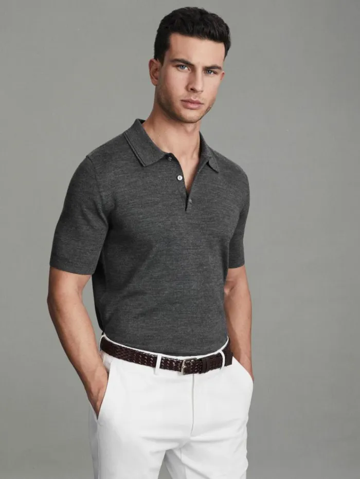 REISS Polo Shirts Men Merino Wool Polo Shirt Derby Grey Marl