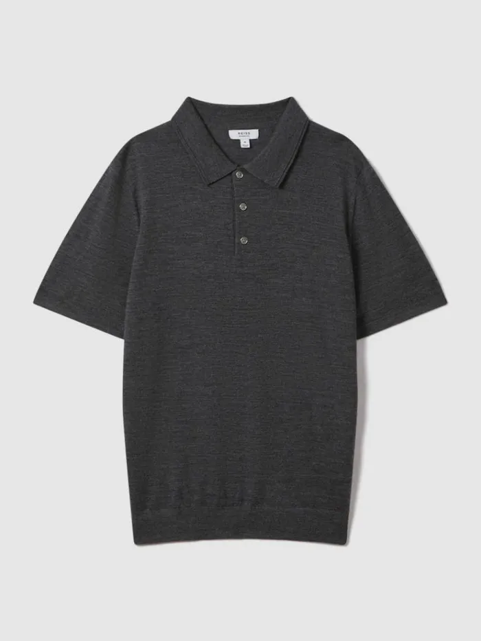 REISS Polo Shirts Men Merino Wool Polo Shirt Derby Grey Marl