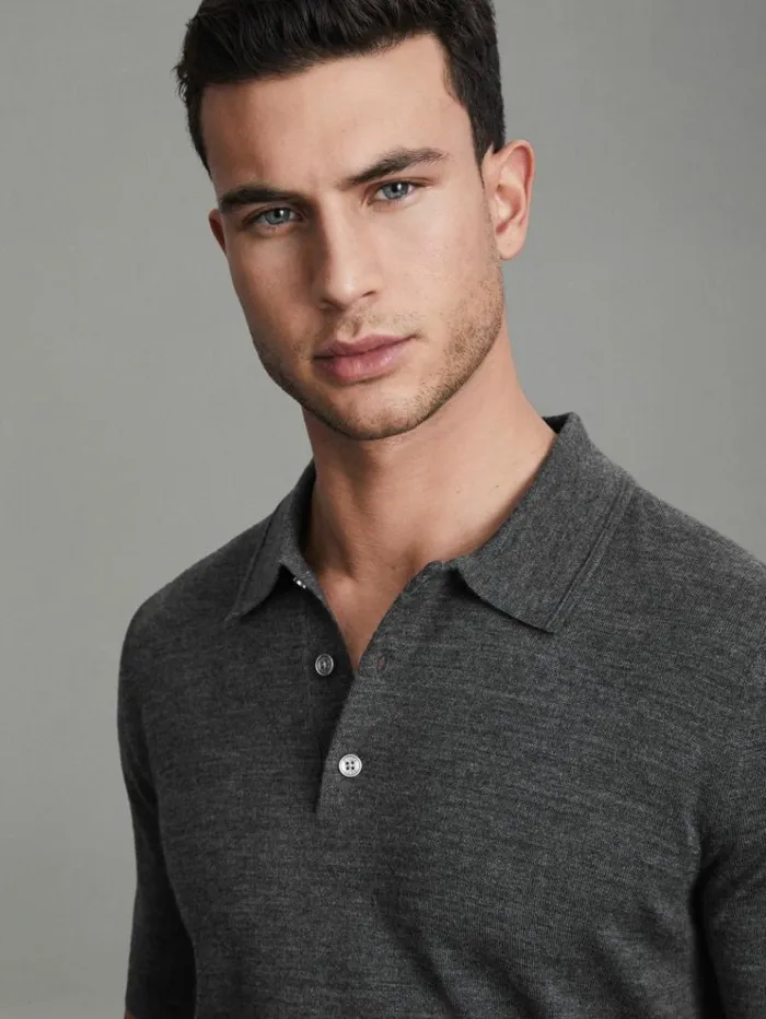 REISS Polo Shirts Men Merino Wool Polo Shirt Derby Grey Marl