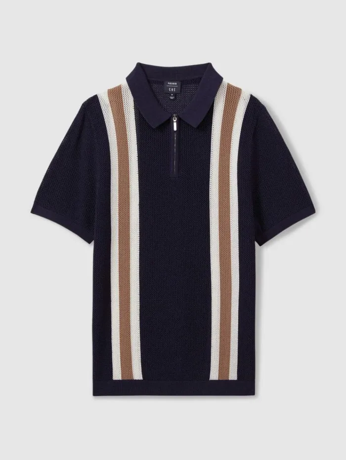REISS Polo Shirts Men Reiss Ch Knitted Contrast Stripe HalfZip Polo Shirt Navycamel