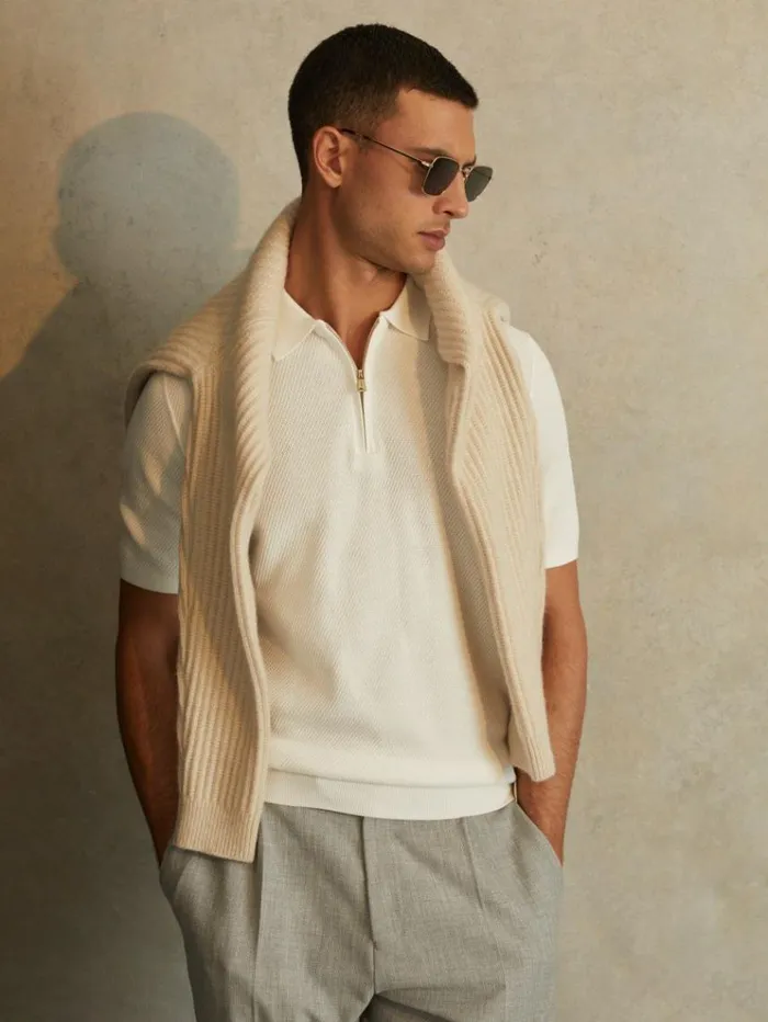 REISS Polo Shirts Men Textured HalfZip Polo Shirt White