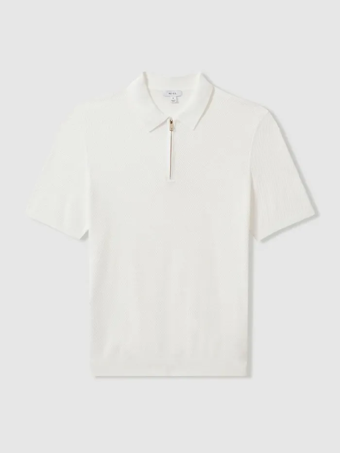 REISS Polo Shirts Men Textured HalfZip Polo Shirt White