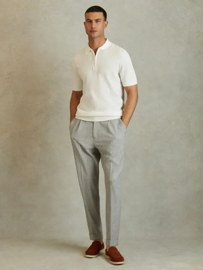 REISS Polo Shirts Men Textured HalfZip Polo Shirt White
