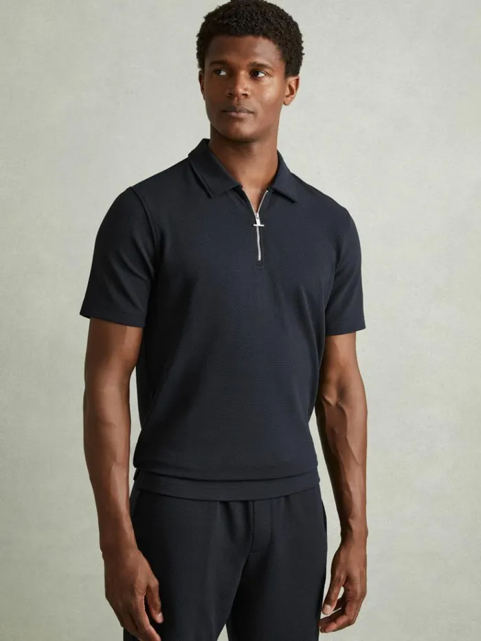 REISS Polo Shirts Men Textured ZipNeck Polo Shirt Navy