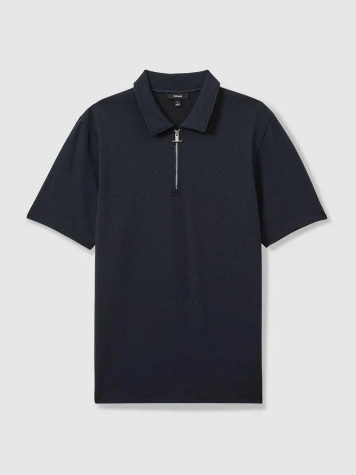 REISS Polo Shirts Men Textured ZipNeck Polo Shirt Navy