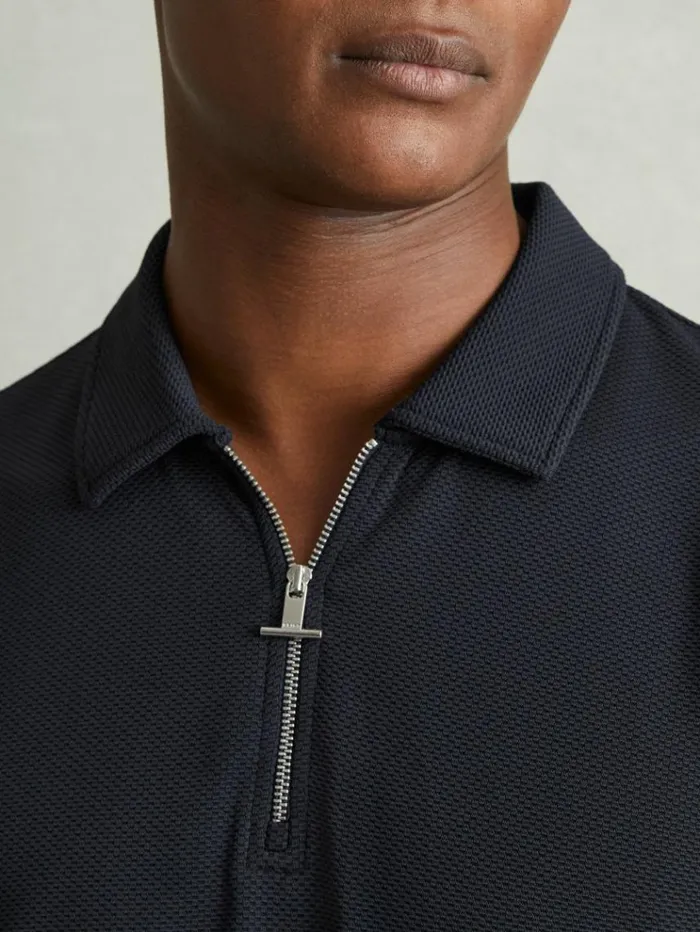 REISS Polo Shirts Men Textured ZipNeck Polo Shirt Navy