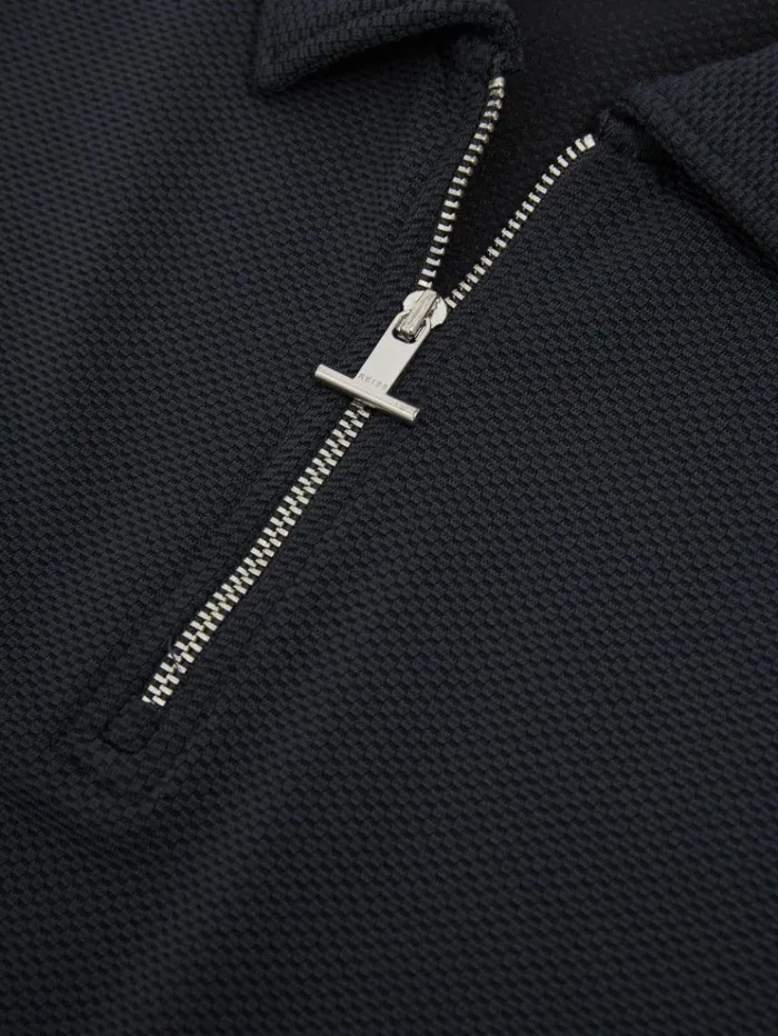 REISS Polo Shirts Men Textured ZipNeck Polo Shirt Navy