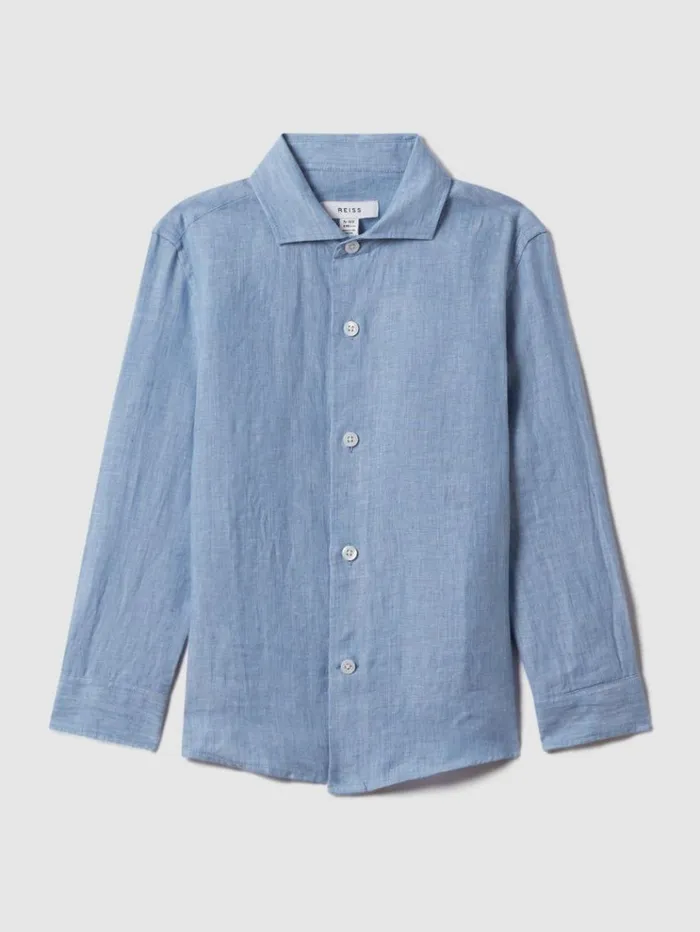 REISS Shirts Children 100 Linen Cutaway Collar Shirt Sky Blue