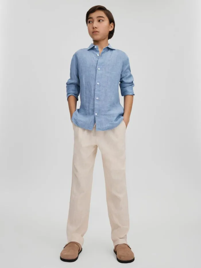 REISS Shirts Children 100 Linen Cutaway Collar Shirt Sky Blue