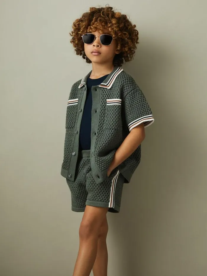 REISS Shirts Children Crochet Contrast Trim Shirt Dark Sage Green
