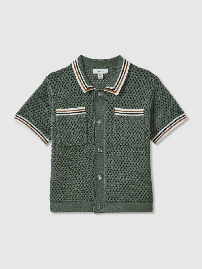 REISS Shirts Children Crochet Contrast Trim Shirt Dark Sage Green
