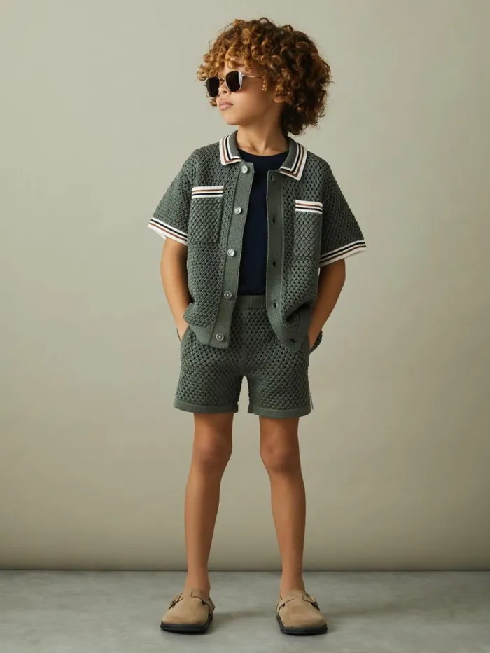 REISS Shirts Children Crochet Contrast Trim Shirt Dark Sage Green