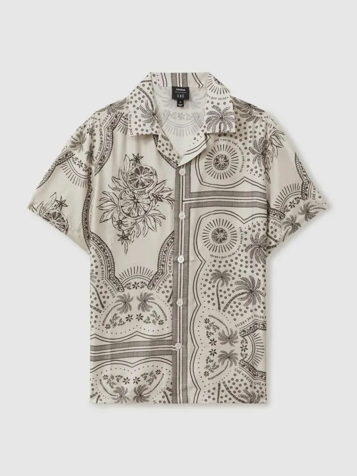 REISS Shirts Men Ch Printed Cuban Collar Shirt Champagnebrown