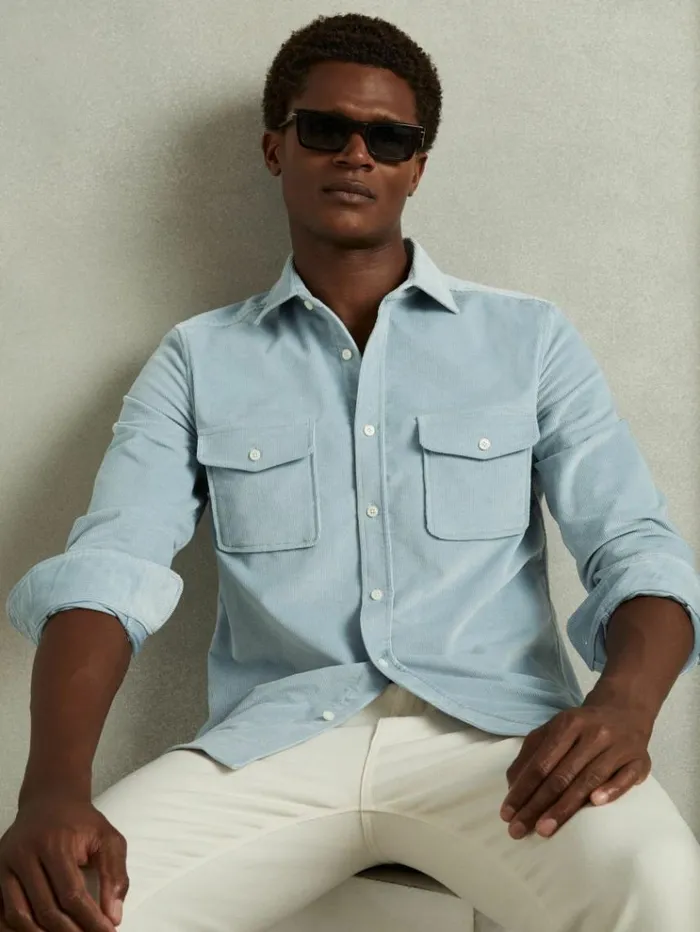 REISS Shirts Men Cotton Blend Corduroy Overshirt Soft Blue