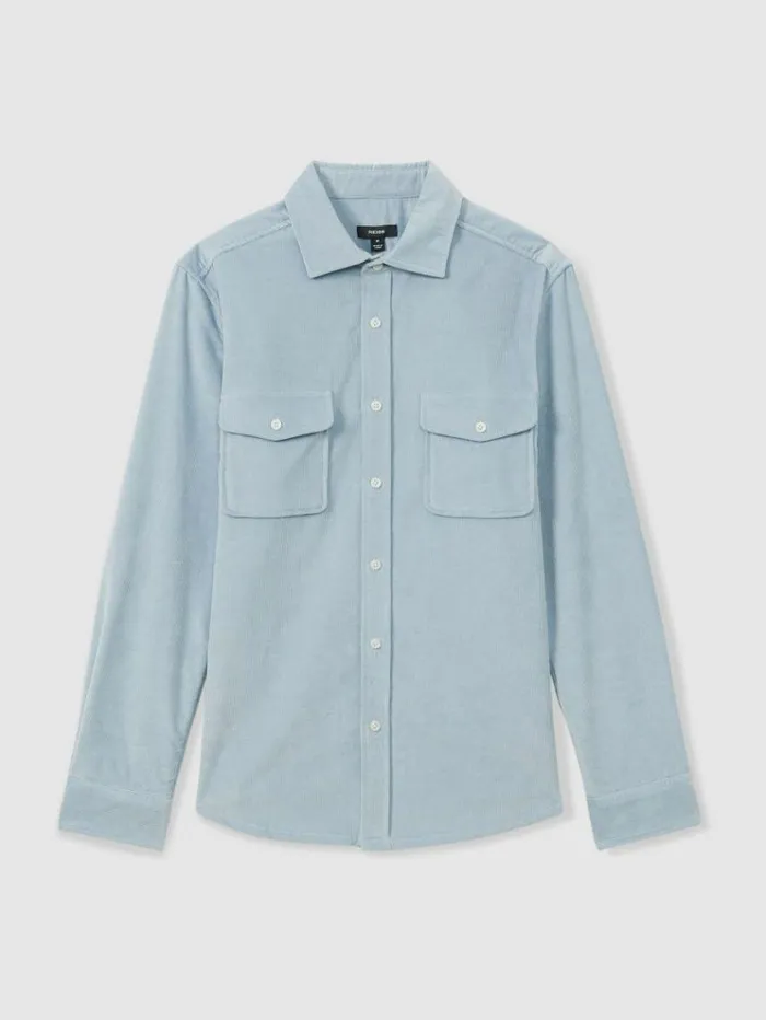 REISS Shirts Men Cotton Blend Corduroy Overshirt Soft Blue