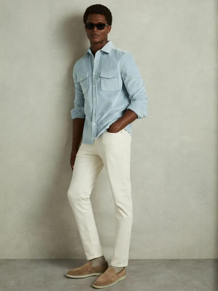 REISS Shirts Men Cotton Blend Corduroy Overshirt Soft Blue