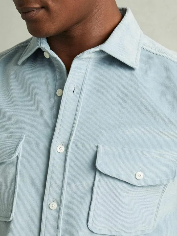 REISS Shirts Men Cotton Blend Corduroy Overshirt Soft Blue