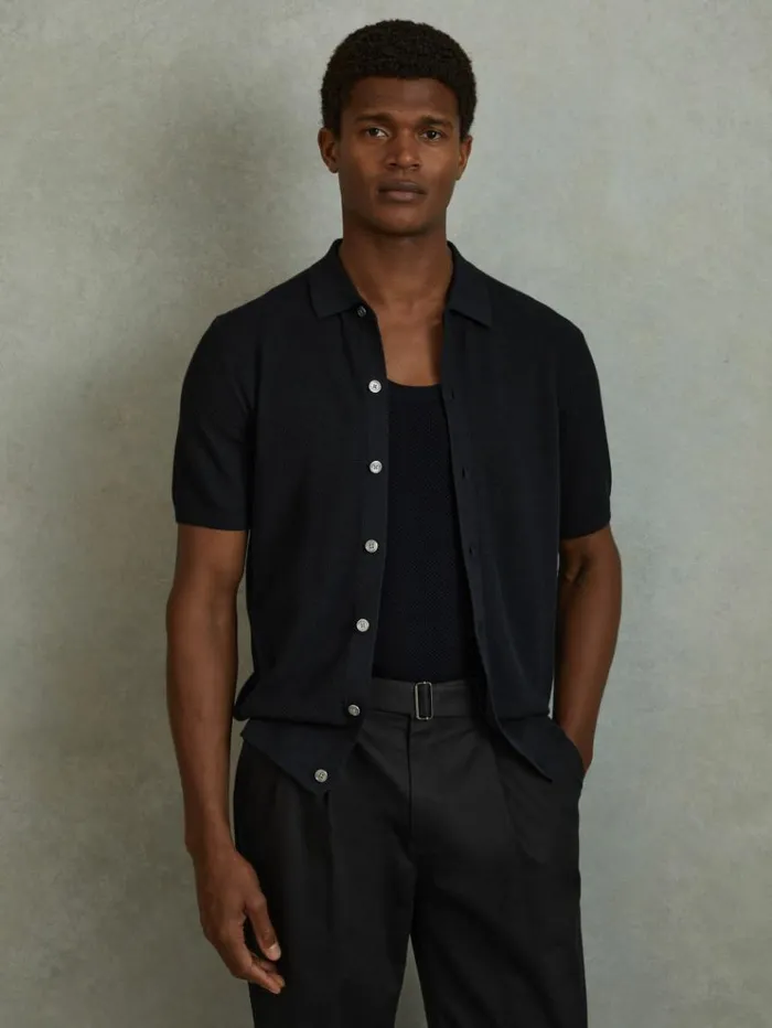 REISS Shirts Men Cotton Blend Textured Shirt Navy