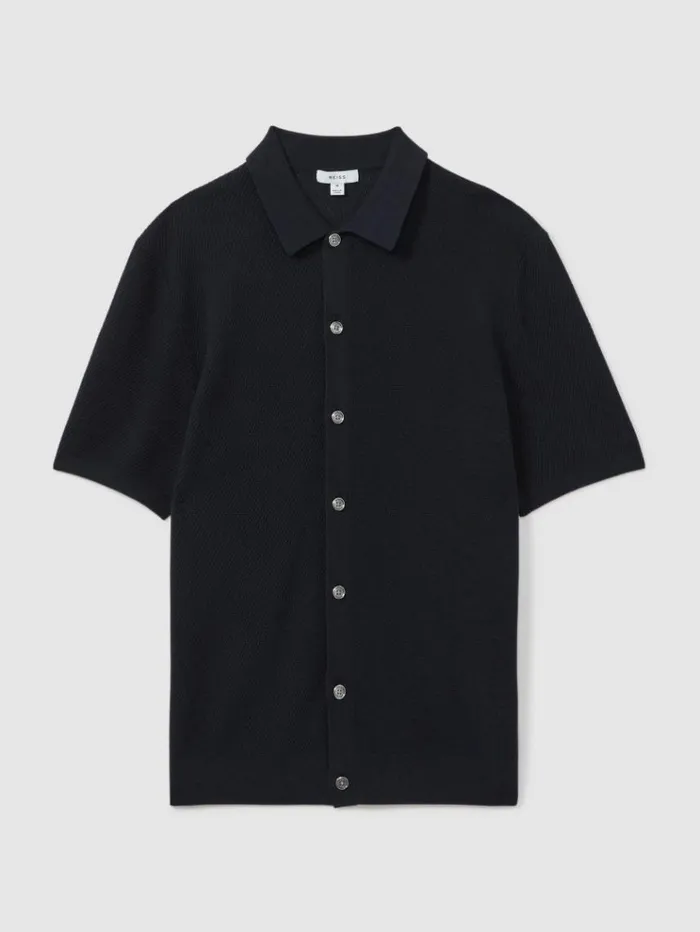 REISS Shirts Men Cotton Blend Textured Shirt Navy