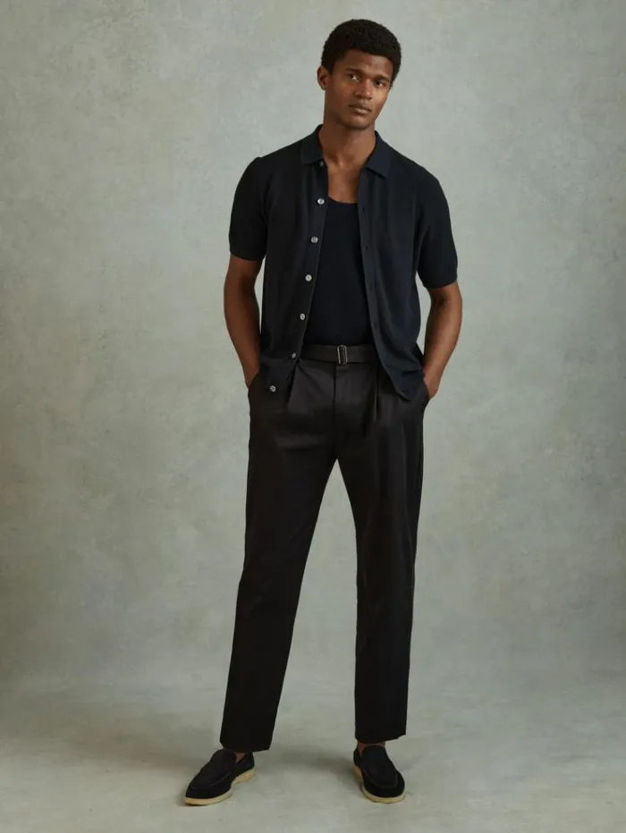 REISS Shirts Men Cotton Blend Textured Shirt Navy