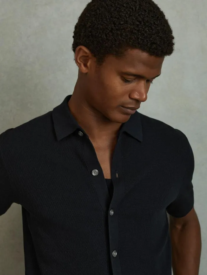 REISS Shirts Men Cotton Blend Textured Shirt Navy