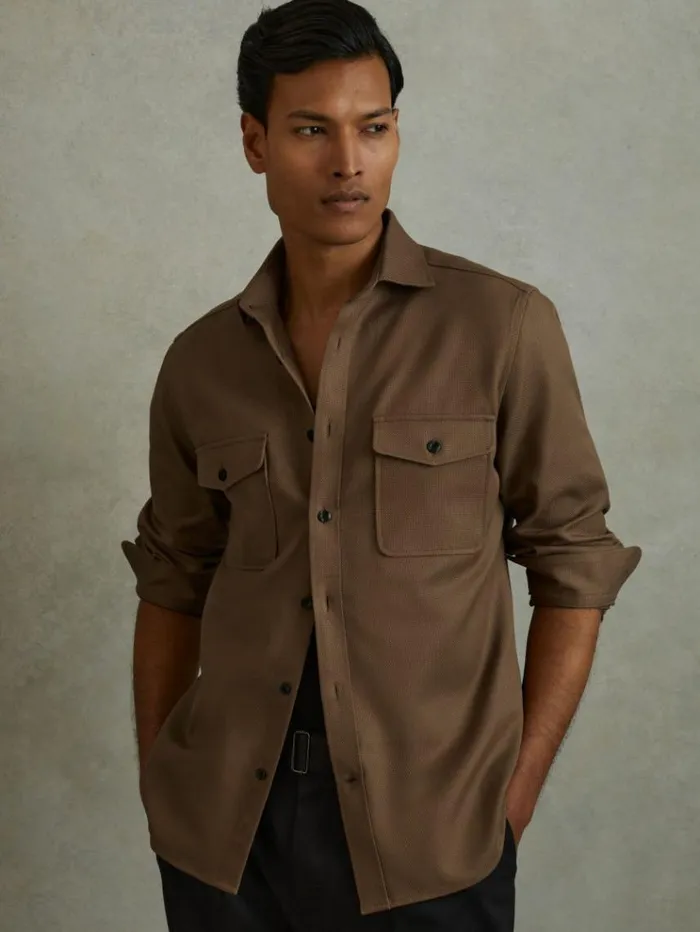 REISS Shirts Men Cotton Canvas Overshirt Tobacco Brown