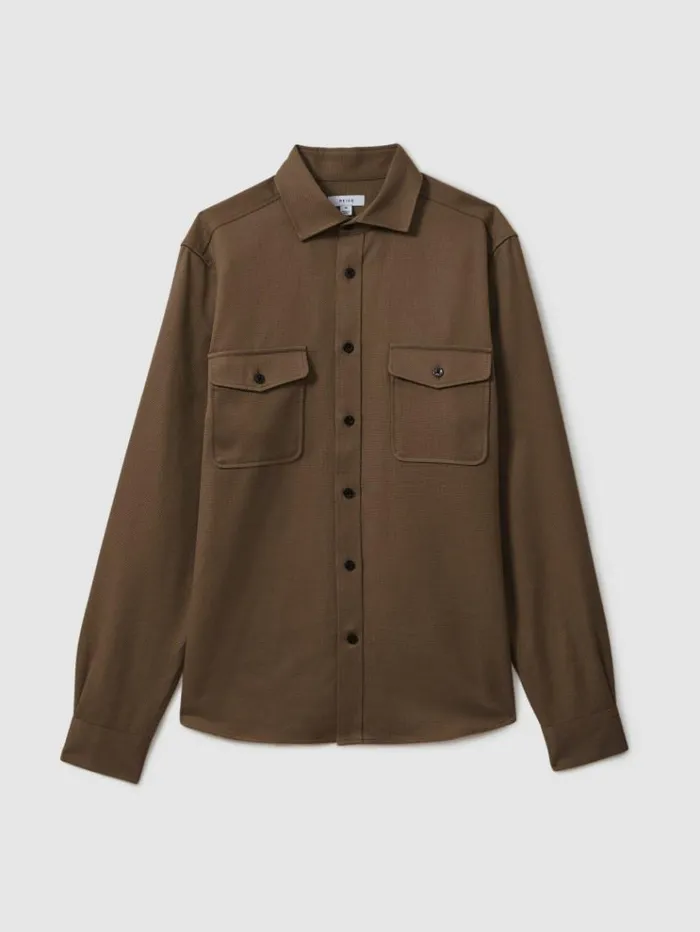 REISS Shirts Men Cotton Canvas Overshirt Tobacco Brown
