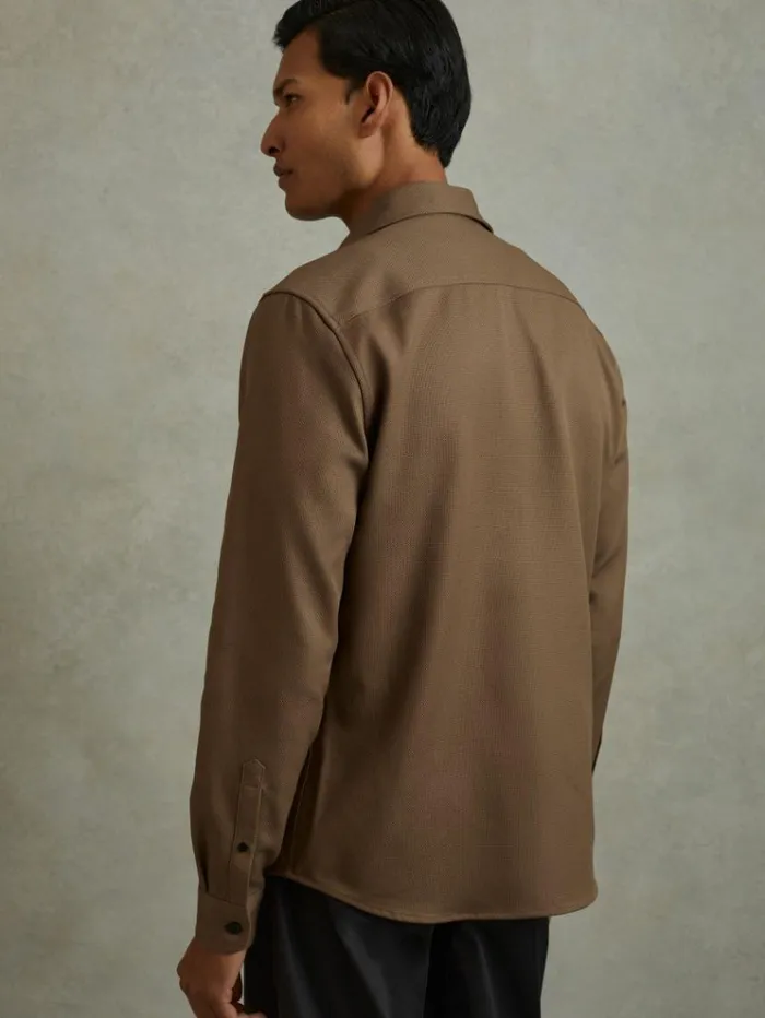 REISS Shirts Men Cotton Canvas Overshirt Tobacco Brown