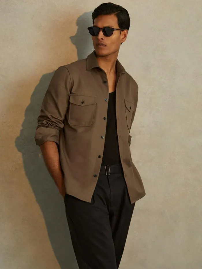 REISS Shirts Men Cotton Canvas Overshirt Tobacco Brown
