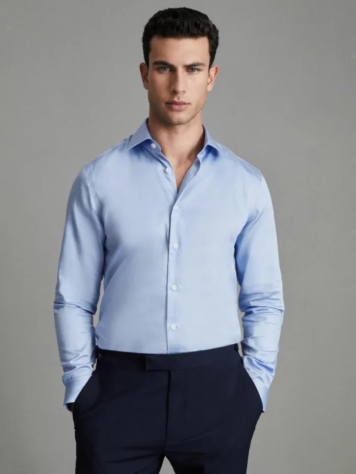 REISS Shirts Men Cotton Sateen Shirt Mid Blue