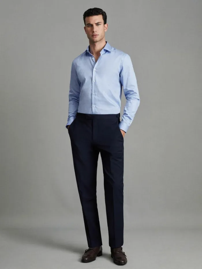 REISS Shirts Men Cotton Sateen Shirt Mid Blue
