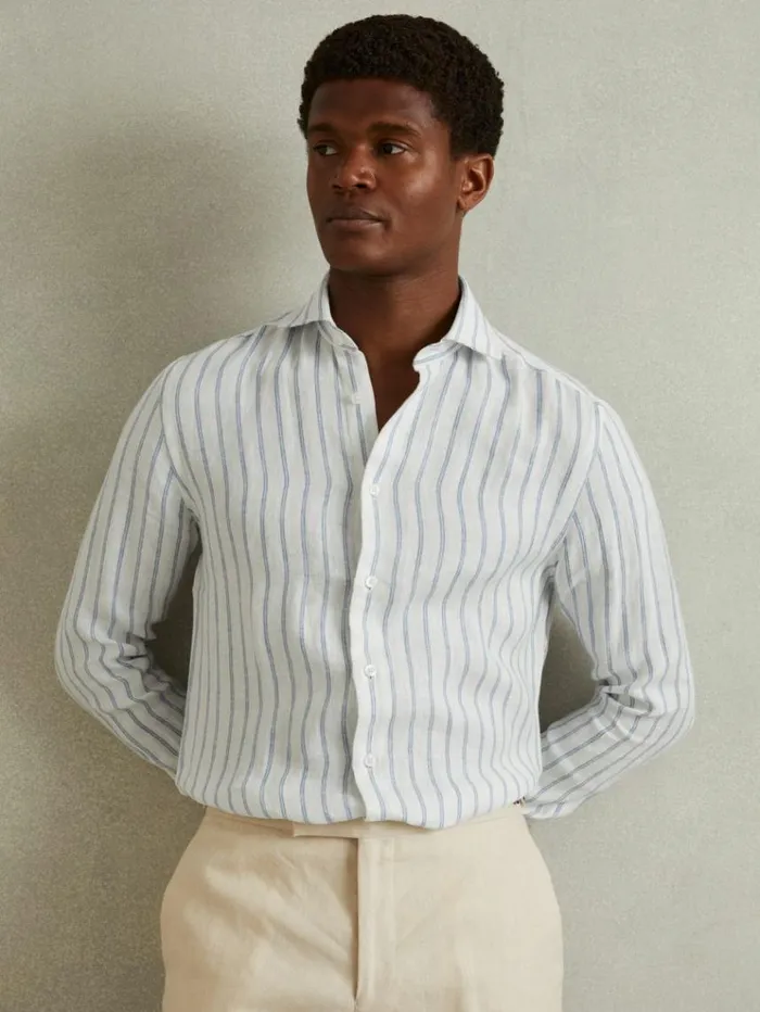 REISS Shirts Men Linen ButtonThrough Shirt Blue Stripe