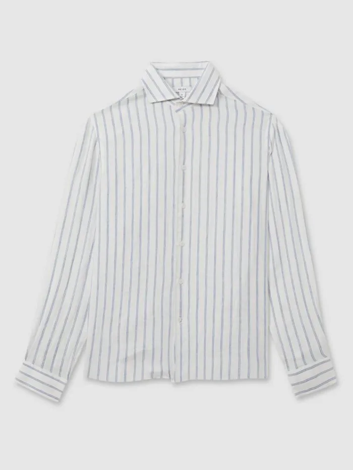 REISS Shirts Men Linen ButtonThrough Shirt Blue Stripe