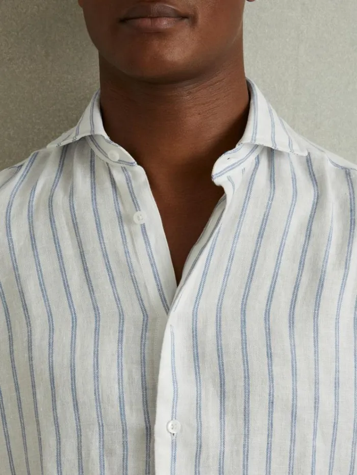 REISS Shirts Men Linen ButtonThrough Shirt Blue Stripe