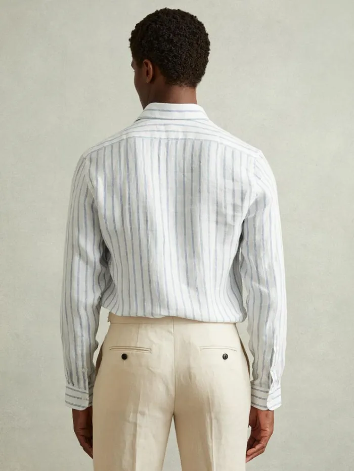 REISS Shirts Men Linen ButtonThrough Shirt Blue Stripe