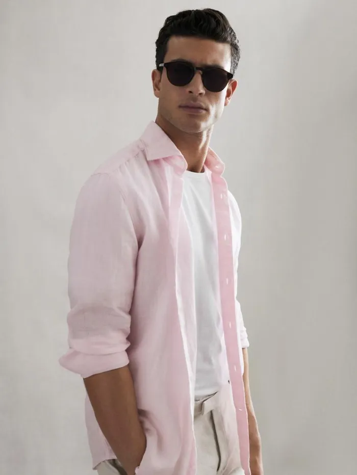 REISS Shirts Men Linen ButtonThrough Shirt Soft Pink
