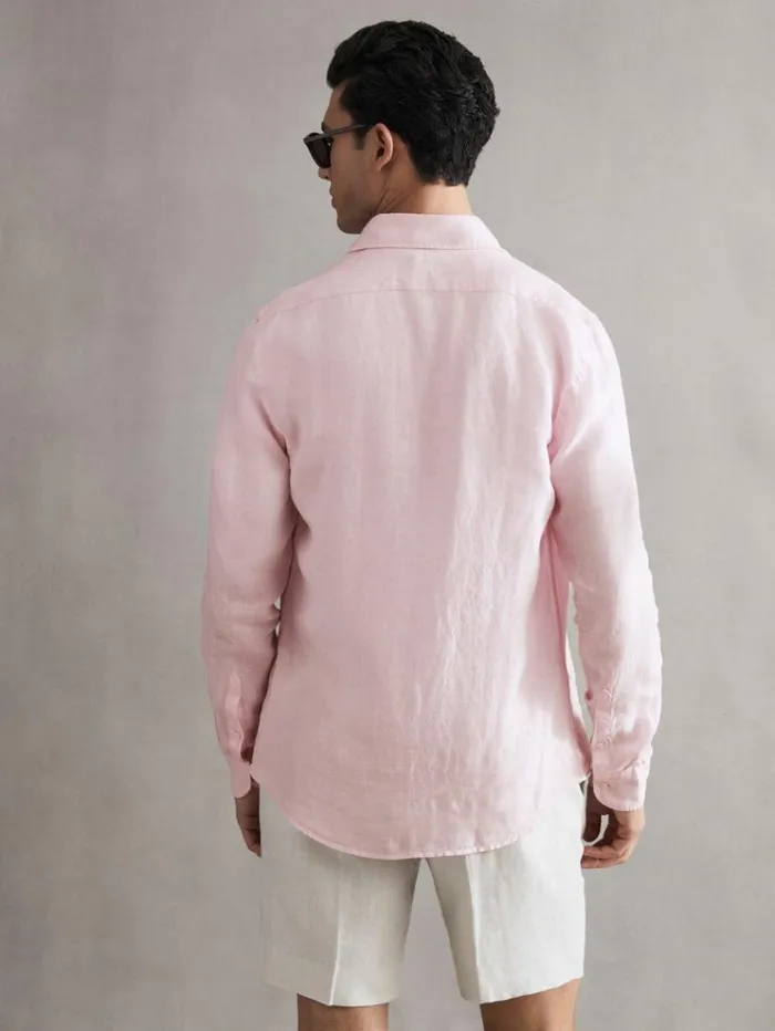 REISS Shirts Men Linen ButtonThrough Shirt Soft Pink