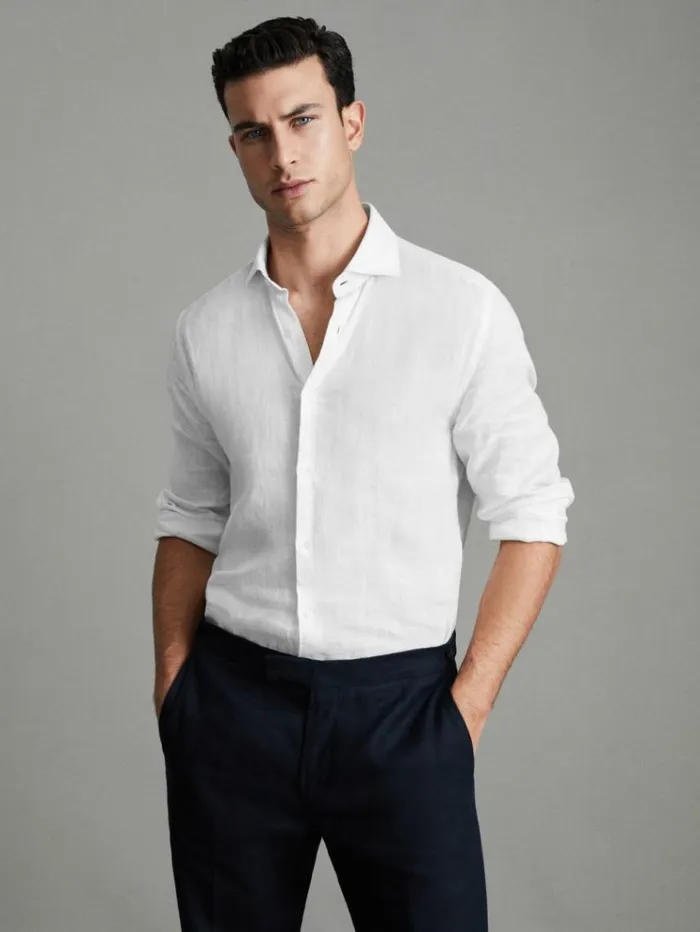 REISS Shirts Men Linen Button Through Shirt White