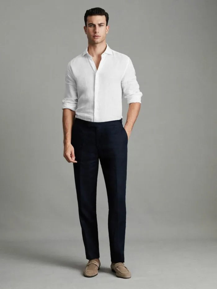 REISS Shirts Men Linen Button Through Shirt White