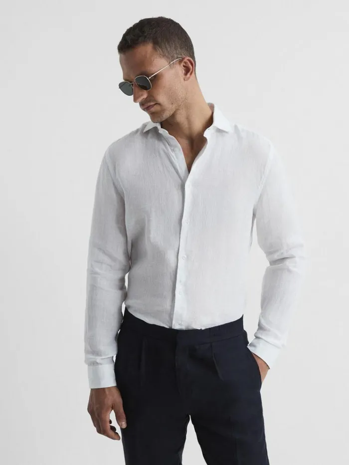 REISS Shirts Men Linen Button Through Shirt White