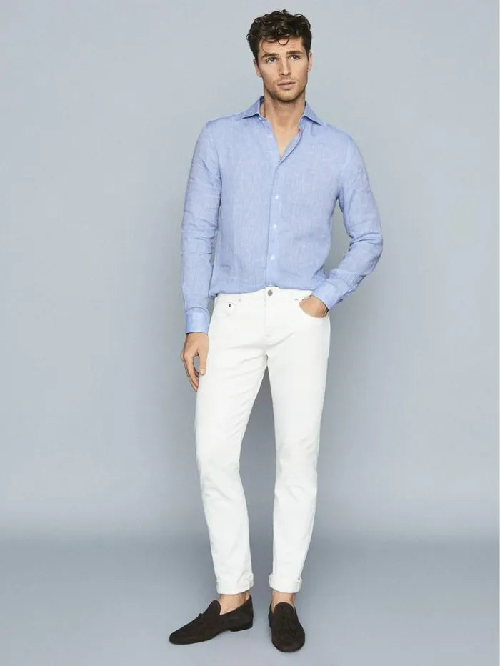 REISS Shirts Men Linen Regular Fit Shirt Soft Blue